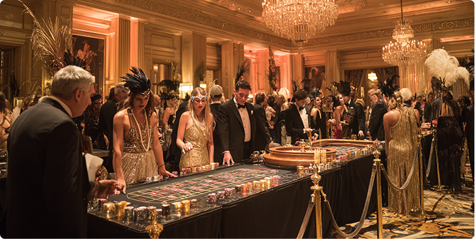 Custom-designed lounge concept with warm amber lighting, sculptural curved seating, textured walls, and intimate atmospheric ambiance for bespoke casino events