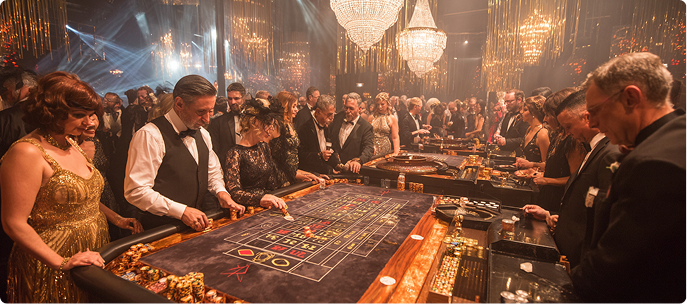 Vegas Vibe casino lounge with vibrant magenta and cyan neon lighting, contemporary minimalist furniture, and dramatic reflections on glossy black surfaces