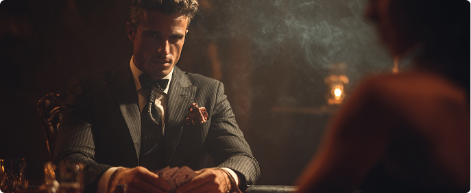 James Bond 007 inspired setting with striking black and white contrast, dramatic spotlight beams, sleek chrome details, and sophisticated espionage-era atmosphere