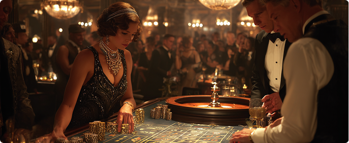 Great Gatsby era casino ballroom with cascading crystal chandeliers, ornate art deco geometric patterns, warm champagne-gold lighting, and lavish Jazz Age furnishings