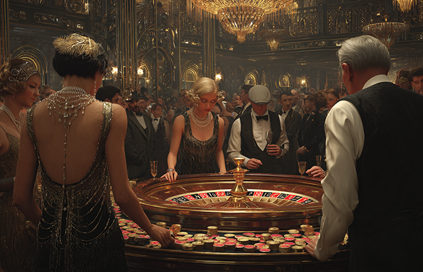 Grand Gatsby casino ballroom featuring cascading crystal chandeliers, geometric art deco ceiling patterns, and warm champagne-gold lighting reflecting off polished marble floors