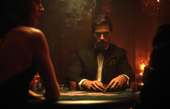 Sleek 007 casino main floor with dramatic black and white contrast, single spotlight beams illuminating gaming tables, and shadowy corners creating mystery