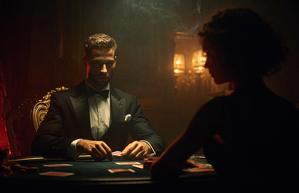 James Bond inspired martini lounge with minimalist chrome bar stools, midnight blue leather seating, backlit onyx bar top, and suspended globe pendant lights