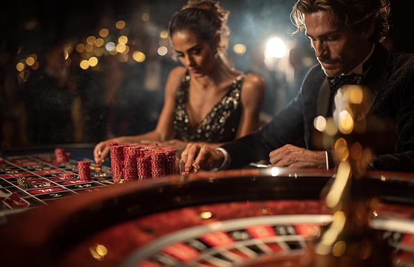 Electrifying Vegas Vibe casino floor with magenta and cyan neon light strips, reflective black ceilings, contemporary curved banquettes, and glowing acrylic gaming tables