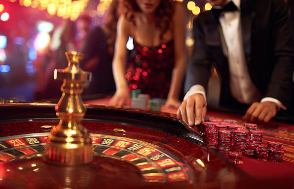 Exclusive Vegas-style skybar lounge with panoramic city views through floor-to-ceiling windows, glowing bar shelves, and intimate seating pods with electric blue ambient lighting