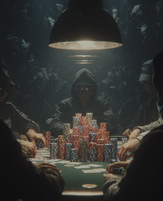 Texas Hold'em poker setup with community cards on felt, multi-colored chip stacks in denominations, and intimate tournament-style table lighting