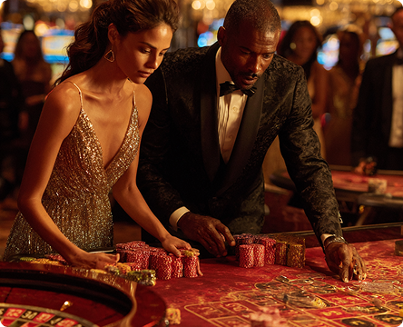 Vibrant magenta and electric blue neon lights reflect off glossy black surfaces in this high-energy Vegas Vibe casino concept with sleek modern furniture
